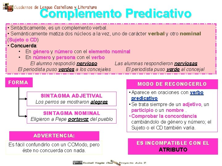 Complemento Predicativo • Sintácticamente, es un complemento verbal. • Semánticamente matiza dos núcleos a Complemento Predicativo • Sintácticamente, es un complemento verbal. • Semánticamente matiza dos núcleos a