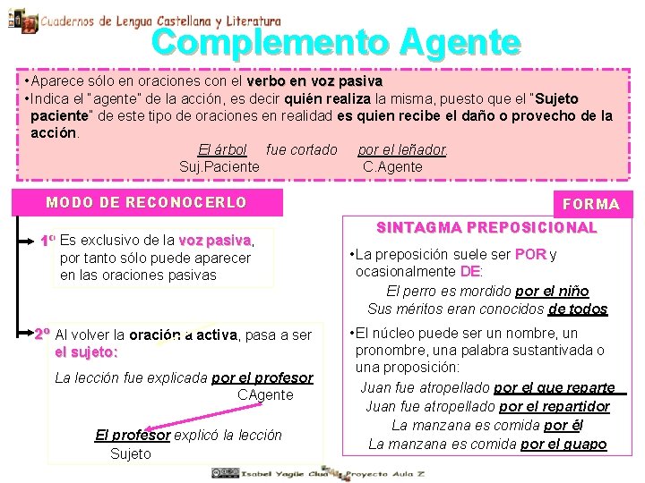 Complemento Agente • Aparece sólo en oraciones con el verbo en voz pasiva • Complemento Agente • Aparece sólo en oraciones con el verbo en voz pasiva •