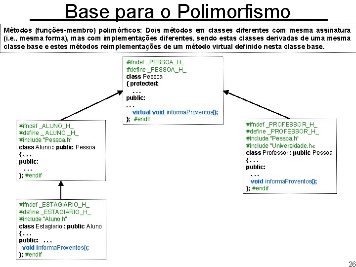 Base para o Polimorfismo Métodos (funções-membro) polimórficos: Dois métodos em classes diferentes com mesma