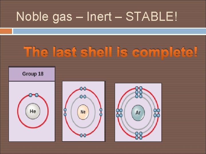 Noble gas – Inert – STABLE! The last shell is complete! 
