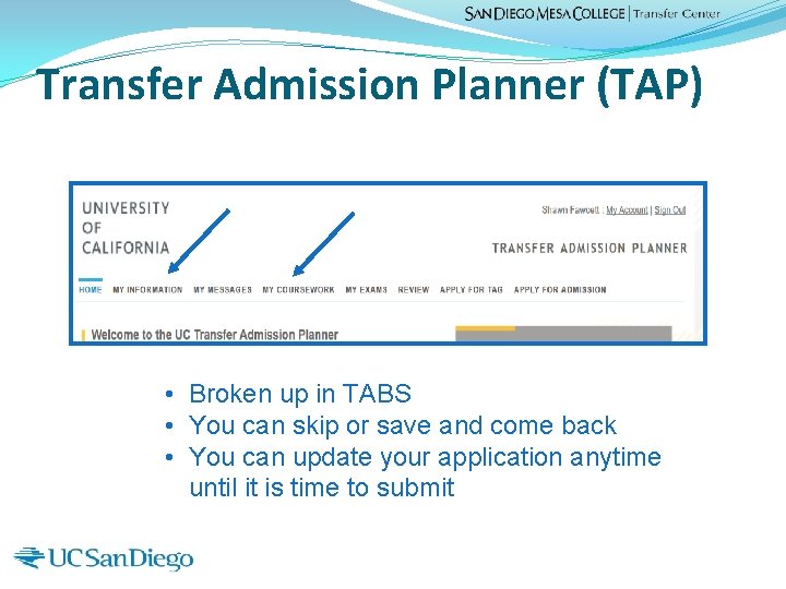 Transfer Admission Planner (TAP) • Broken up in TABS • You can skip or
