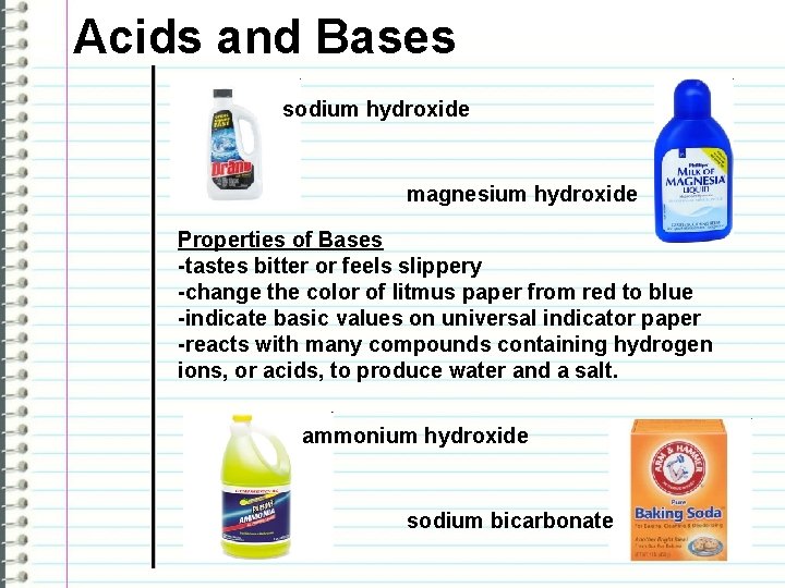 Acids and Bases sodium hydroxide magnesium hydroxide Properties of Bases -tastes bitter or feels Acids and Bases sodium hydroxide magnesium hydroxide Properties of Bases -tastes bitter or feels