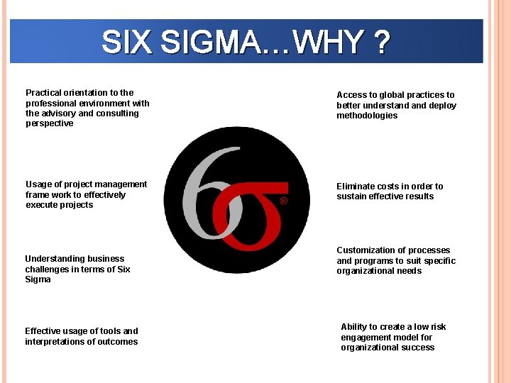 SIX SIGMA…WHY ? Practical orientation to the professional environment with the advisory and consulting