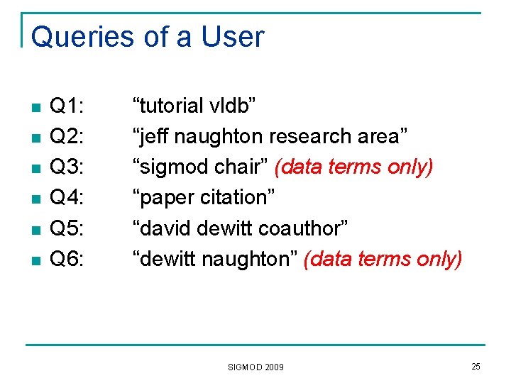 Queries of a User n n n Q 1: Q 2: Q 3: Q