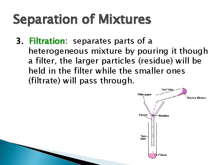 Separation of Mixtures 3. Filtration: separates parts of a heterogeneous mixture by pouring it