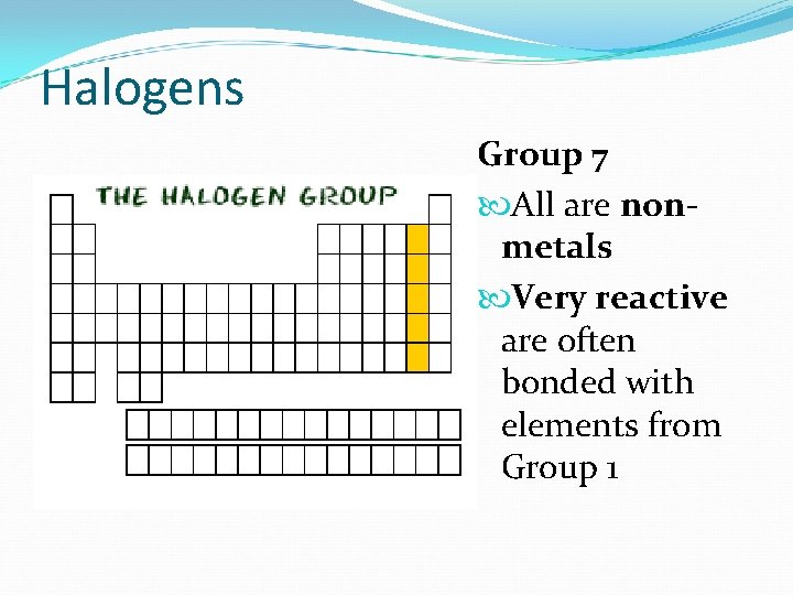 Halogens Group 7 All are nonmetals Very reactive are often bonded with elements from Halogens Group 7 All are nonmetals Very reactive are often bonded with elements from