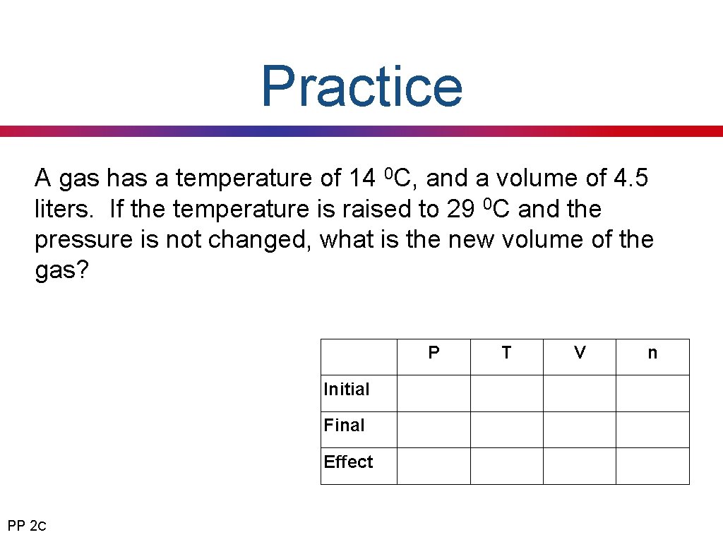 Practice A gas has a temperature of 14 0 C, and a volume of