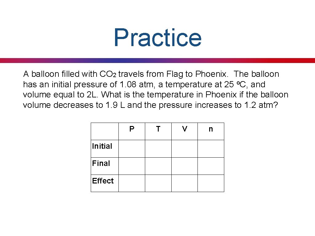 Practice A balloon filled with CO 2 travels from Flag to Phoenix. The balloon