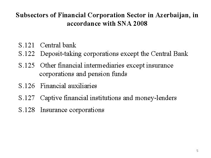 Subsectors of Financial Corporation Sector in Azerbaijan, in accordance with SNA 2008 S. 121