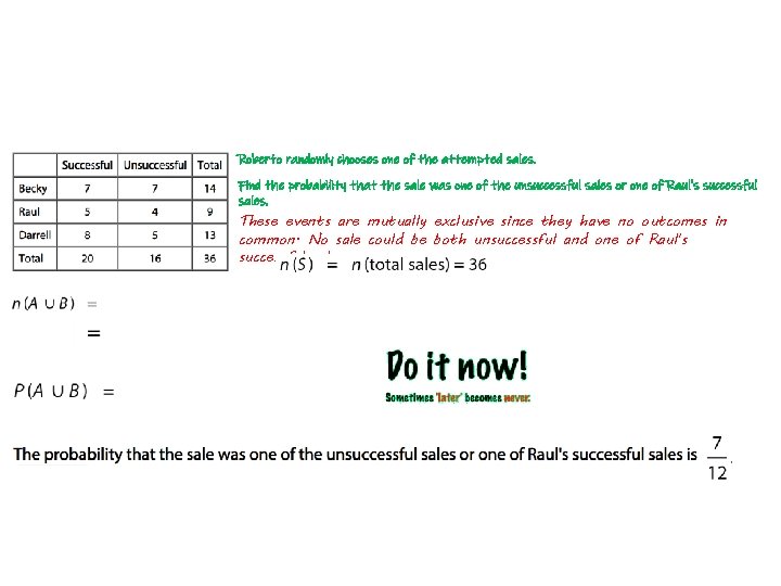 Roberto randomly chooses one of the attempted sales. Find the probability that the sale