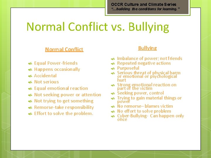 OCCR Culture and Climate Series “…building the conditions for learning. ” Normal Conflict vs.