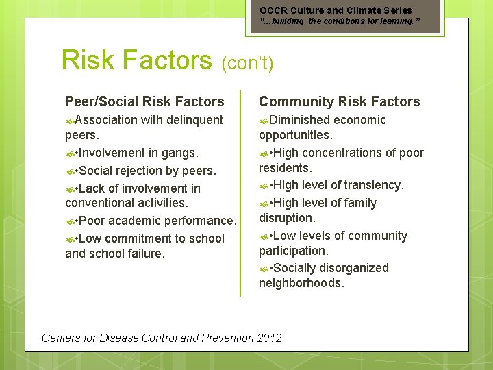 OCCR Culture and Climate Series “…building the conditions for learning. ” Risk Factors (con’t)