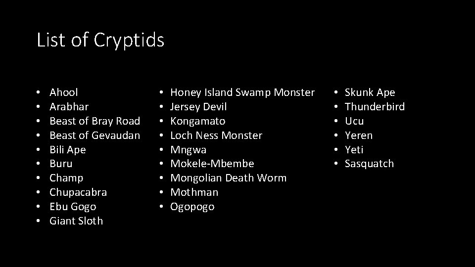 List of Cryptids • • • Ahool Arabhar Beast of Bray Road Beast of
