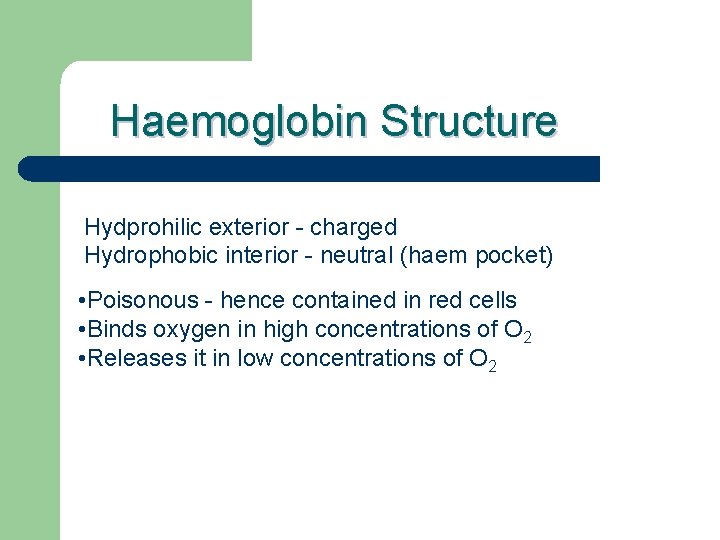 Haemoglobin Structure Hydprohilic exterior - charged Hydrophobic interior - neutral (haem pocket) • Poisonous