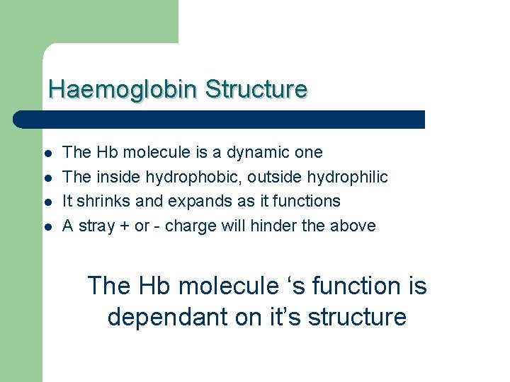 Haemoglobin Structure l l The Hb molecule is a dynamic one The inside hydrophobic,