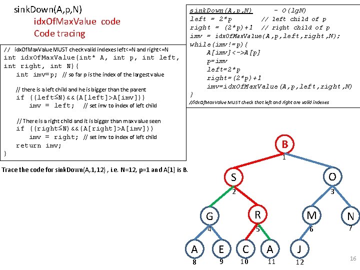 sink. Down(A, p, N) idx. Of. Max. Value code Code tracing // idx. Of.