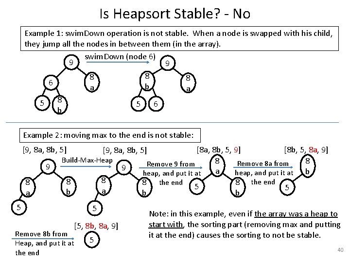 Is Heapsort Stable? - No Example 1: swim. Down operation is not stable. When