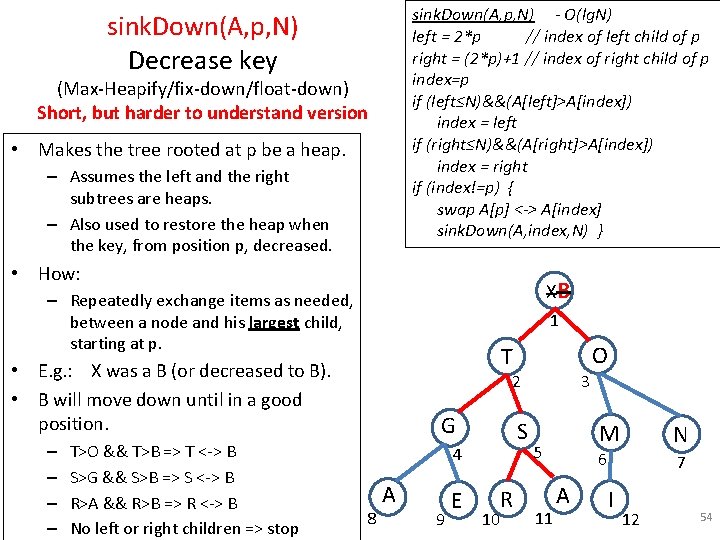 sink. Down(A, p, N) - O(lg. N) left = 2*p // index of left