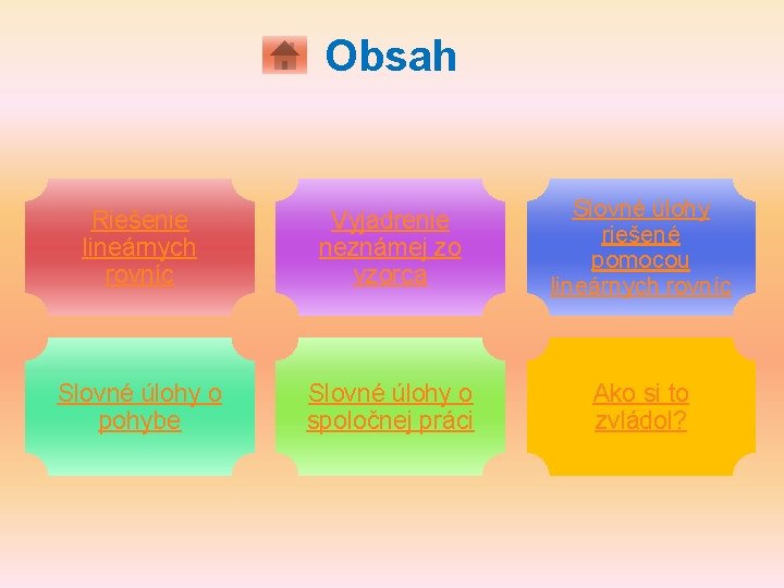 Obsah Riešenie lineárnych rovníc Vyjadrenie neznámej zo vzorca Slovné úlohy riešené pomocou lineárnych rovníc