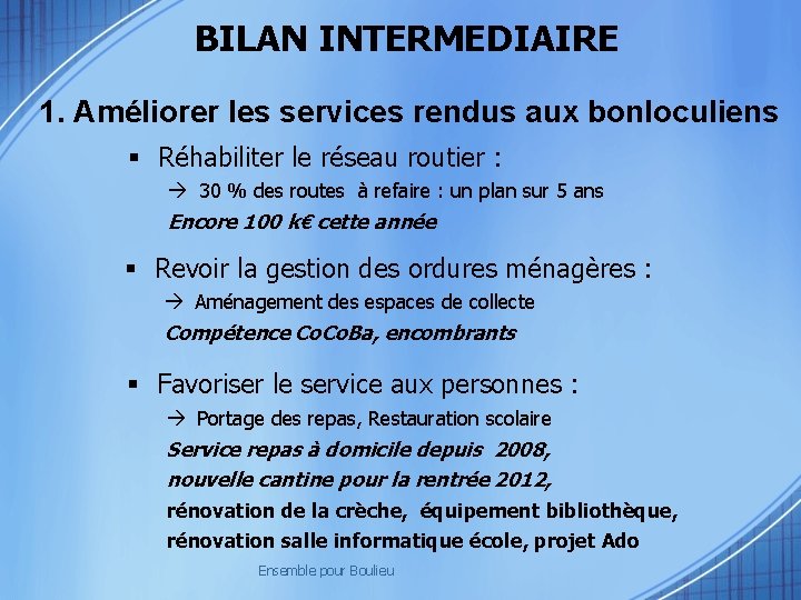 BILAN INTERMEDIAIRE 1. Améliorer les services rendus aux bonloculiens Réhabiliter le réseau routier :