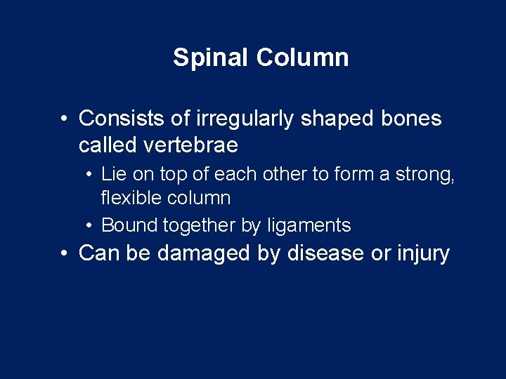 Spinal Column • Consists of irregularly shaped bones called vertebrae • Lie on top