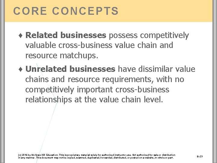 CORE CONCEPTS ♦ Related businesses possess competitively valuable cross-business value chain and resource matchups.