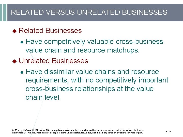 RELATED VERSUS UNRELATED BUSINESSES Related Businesses ● Have competitively valuable cross-business value chain and