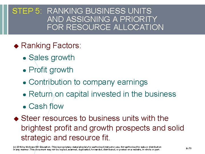 STEP 5: RANKING BUSINESS UNITS AND ASSIGNING A PRIORITY FOR RESOURCE ALLOCATION Ranking Factors: