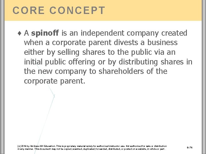 CORE CONCEPT ♦ A spinoff is an independent company created when a corporate parent
