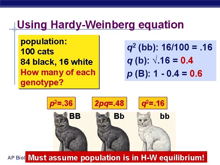 Using Hardy-Weinberg equation population: 100 cats 84 black, 16 white How many of each
