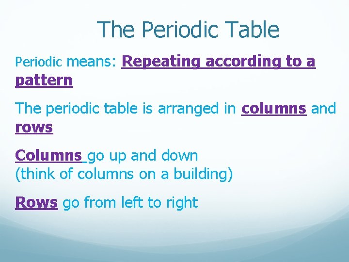 The Periodic Table Periodic means: Repeating according to a pattern The periodic table is The Periodic Table Periodic means: Repeating according to a pattern The periodic table is