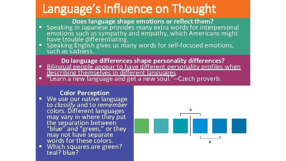 Language’s Influence on Thought § § Does language shape emotions or reflect them? Speaking Language’s Influence on Thought § § Does language shape emotions or reflect them? Speaking