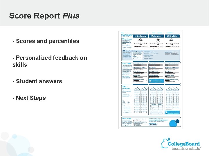 Score Report Plus • Scores and percentiles Personalized feedback on skills • • Student