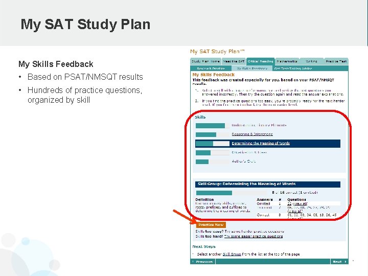 My SAT Study Plan My Skills Feedback • Based on PSAT/NMSQT results • Hundreds