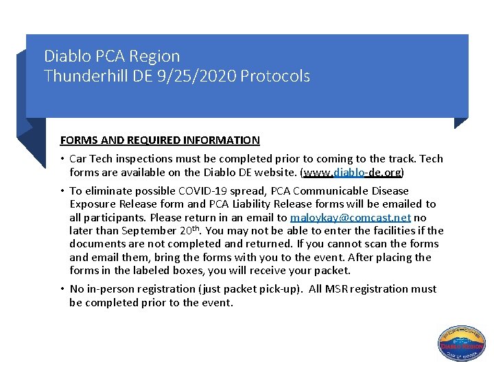 Diablo PCA Region Thunderhill DE 9/25/2020 Protocols FORMS AND REQUIRED INFORMATION • Car Tech