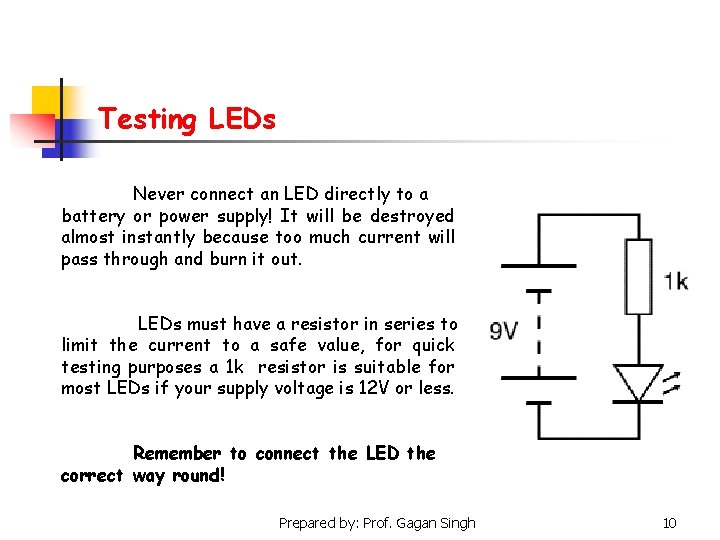 Testing LEDs Never connect an LED directly to a battery or power supply! It