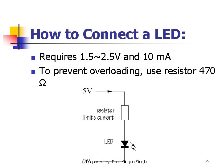 How to Connect a LED: n n Requires 1. 5~2. 5 V and 10