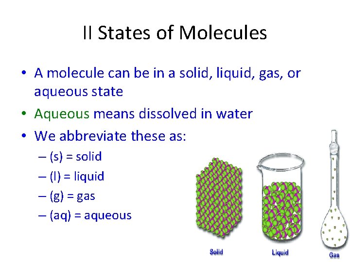 II States of Molecules • A molecule can be in a solid, liquid, gas,