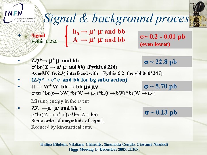 Signal & background proces § h 0 → m+ m- and bb A →