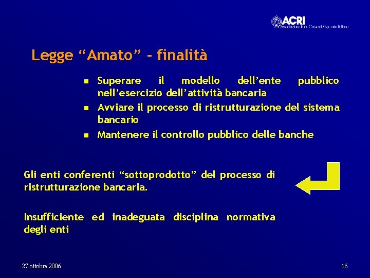 Legge “Amato” - finalità n n n Superare il modello dell’ente pubblico nell’esercizio dell’attività