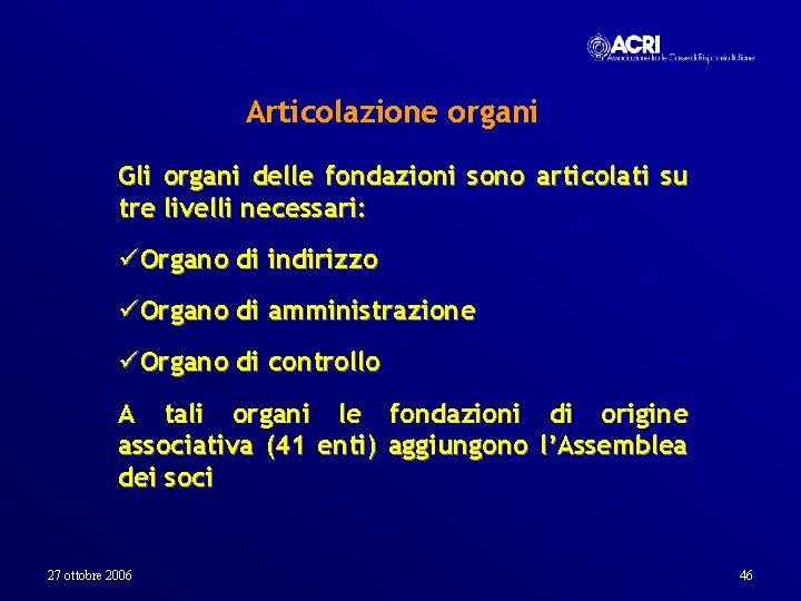 Articolazione organi Gli organi delle fondazioni sono articolati su tre livelli necessari: üOrgano di