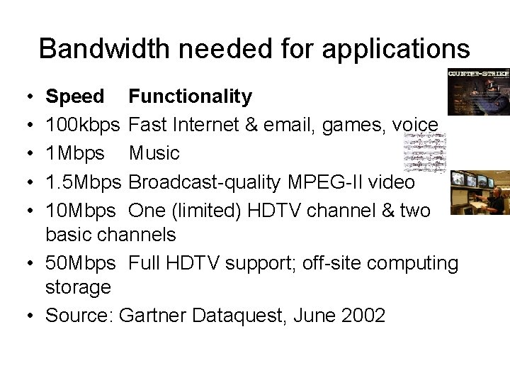 Bandwidth needed for applications • • • Speed Functionality 100 kbps Fast Internet &