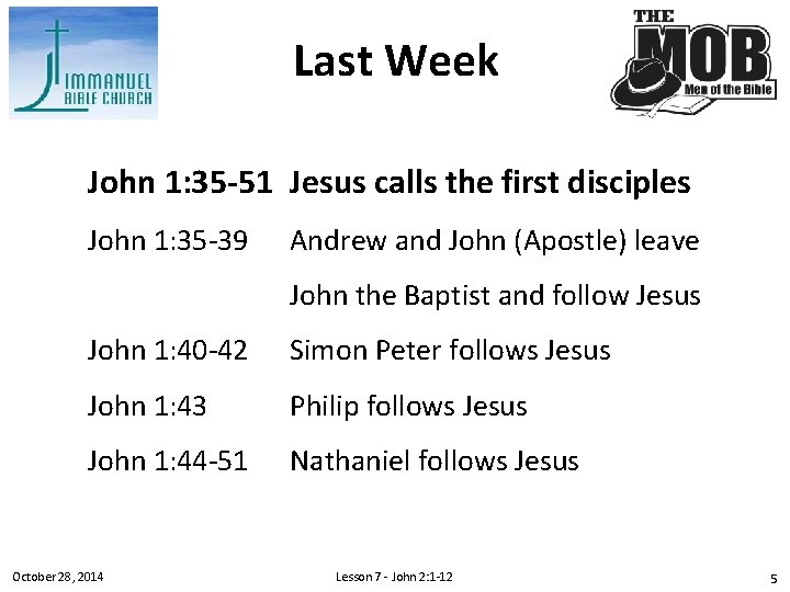 Last Week John 1: 35 -51 Jesus calls the first disciples John 1: 35