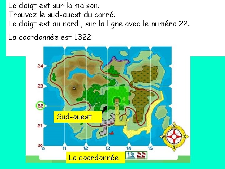 Le doigt est sur la maison. Trouvez le sud-ouest du carré. Le doigt est