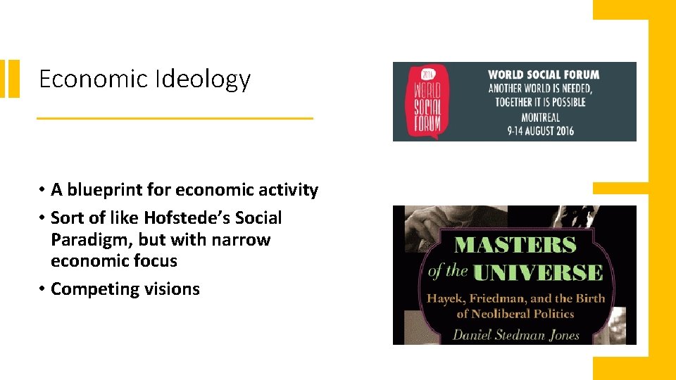 Economic Ideology • A blueprint for economic activity • Sort of like Hofstede’s Social