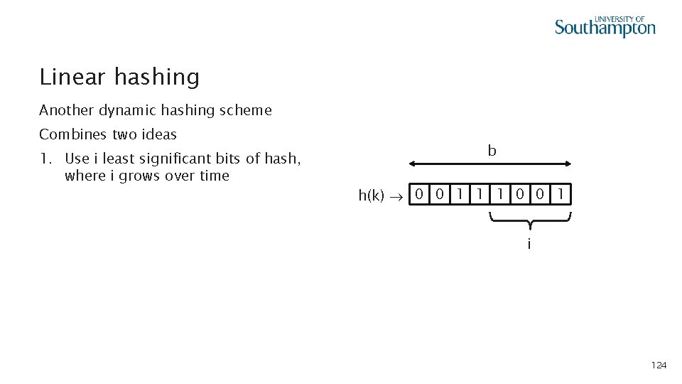 Linear hashing Another dynamic hashing scheme Combines two ideas 1. Use i least significant