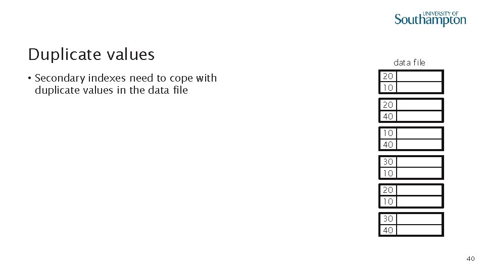 Duplicate values • Secondary indexes need to cope with duplicate values in the data