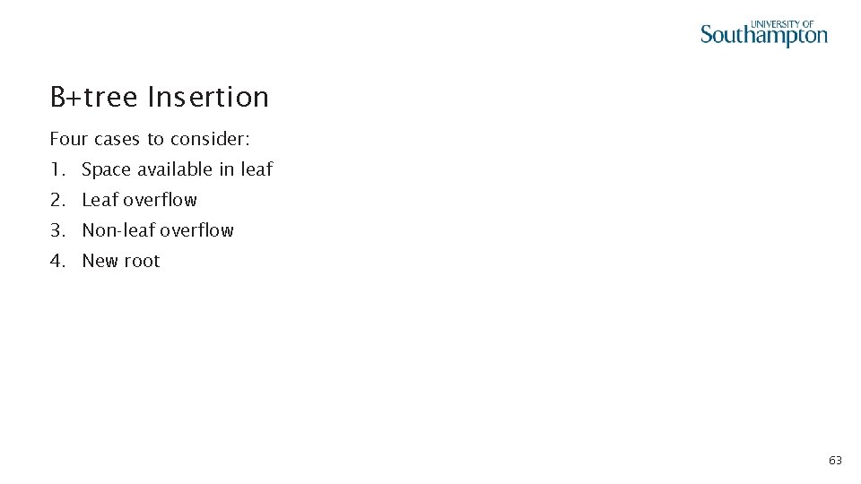 B+tree Insertion Four cases to consider: 1. Space available in leaf 2. Leaf overflow