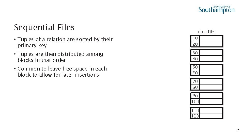 Sequential Files data file • Tuples of a relation are sorted by their primary