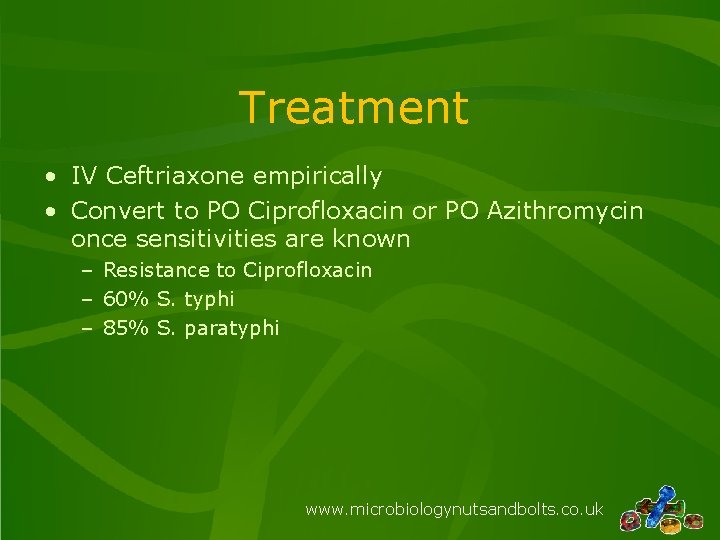 Treatment • IV Ceftriaxone empirically • Convert to PO Ciprofloxacin or PO Azithromycin once